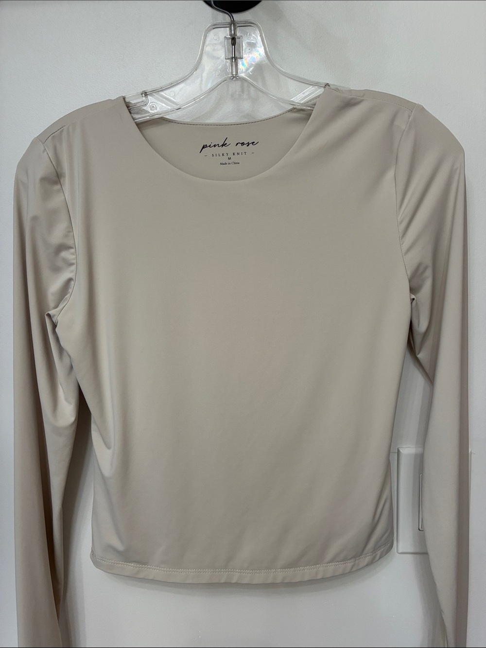 Pink Rose Long Sleeve Crop Top in Neutral Taupe